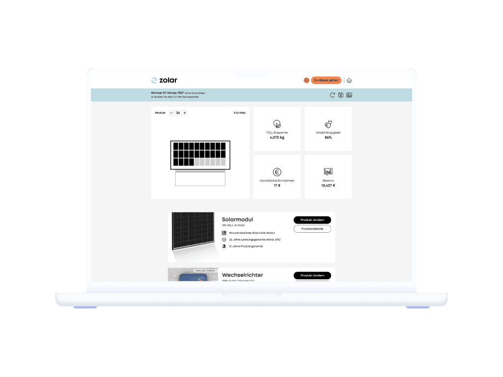 Screenshot aus dem Zolar Online Konfigurator - Leistung PV-Anlage berechnen