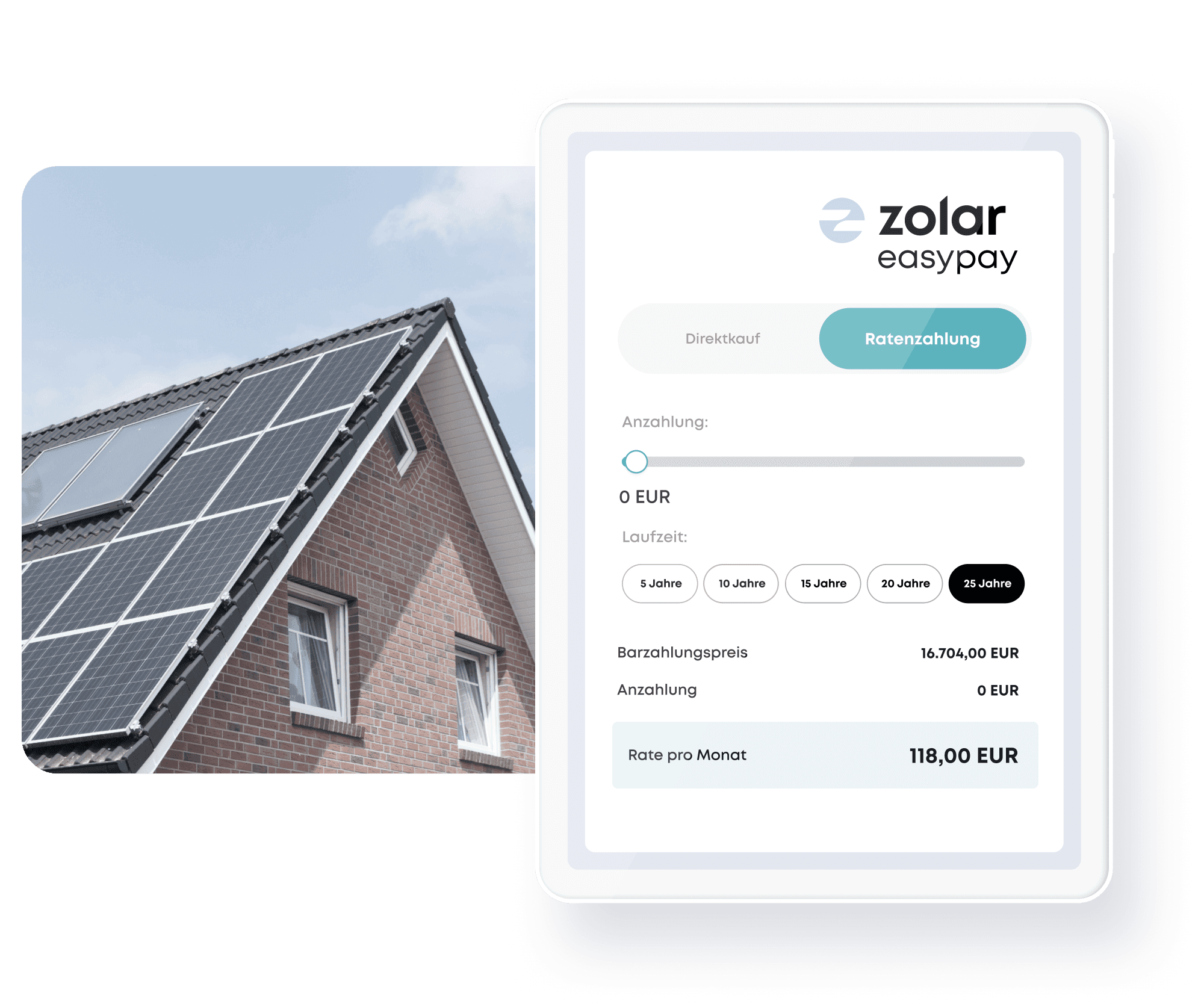 Solaranlage auf einem Dach neben Ratenzahlungsoption zolar Easypay aus dem zolar Online-Konfigurator